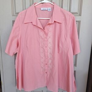 1411 Plus Sz3X Blouse Buttondown Short Sleeves Collar Lace Inset Lt Weight Nice
